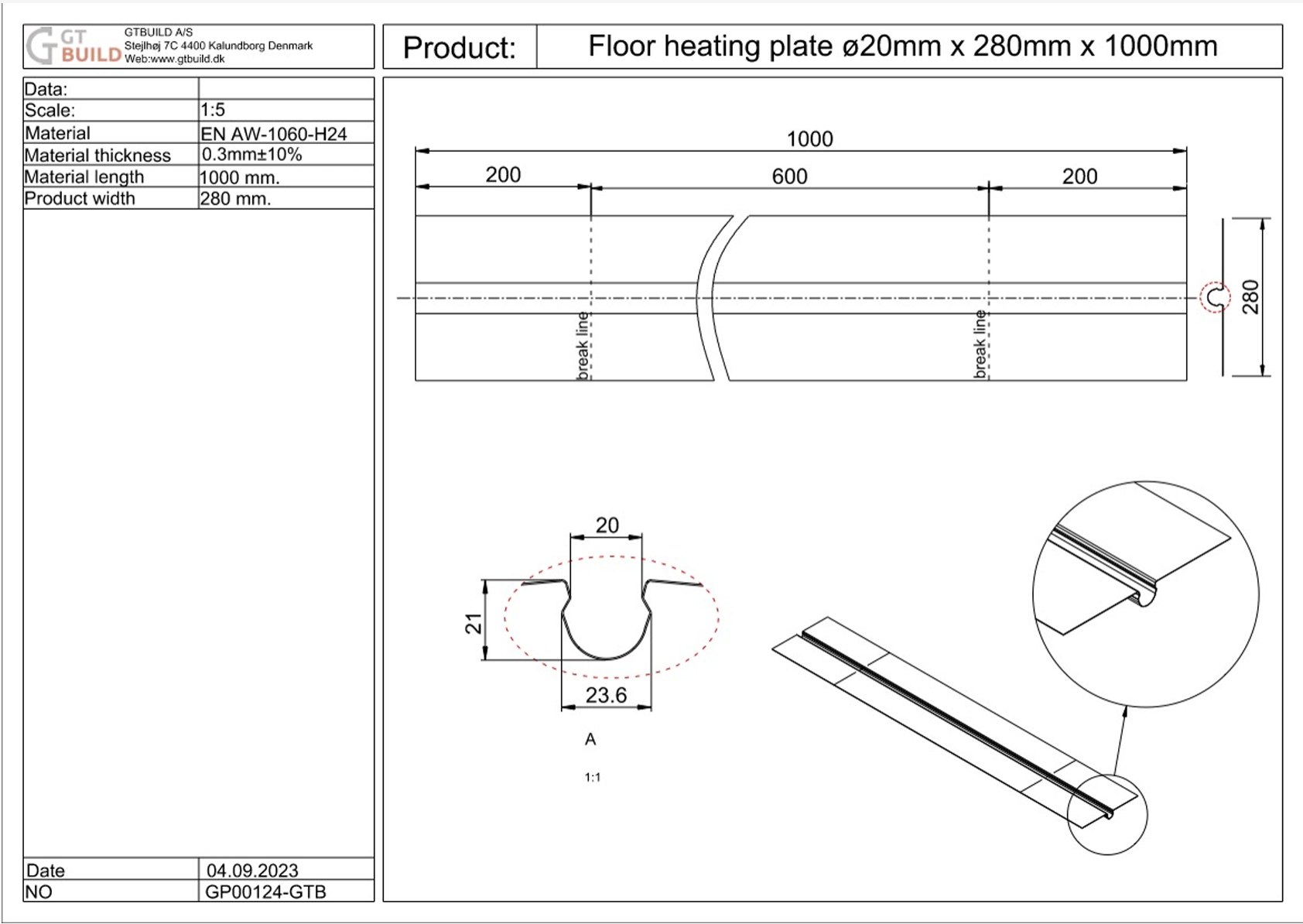 GTBUILD - ø20 x 280 x 1000 mm (0,3 mm) varmefordelingsplade GP00124