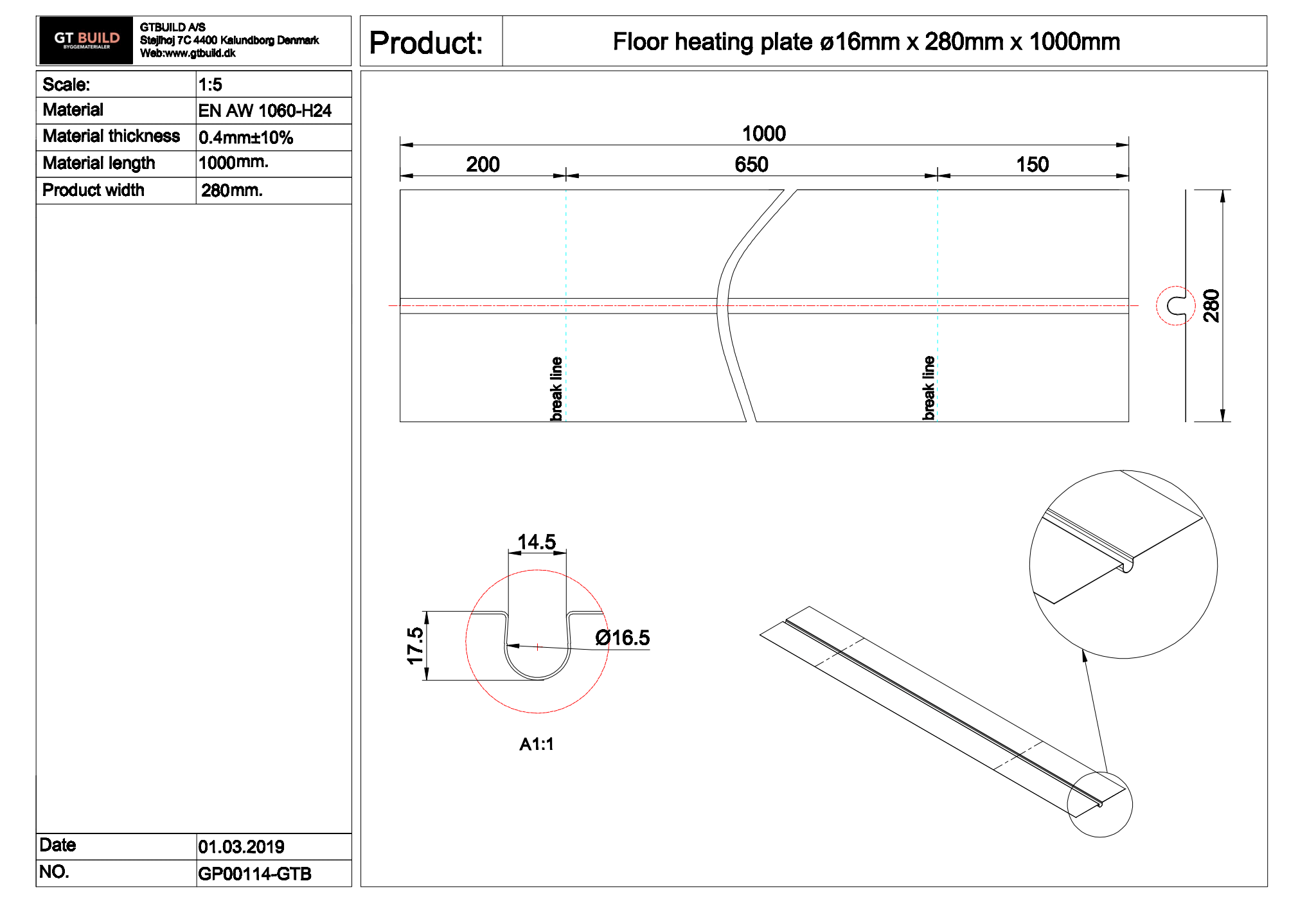 GTBUILD - ø16 x 280 x 1000 mm (0,4 mm) varmefordelingsplade GP00114